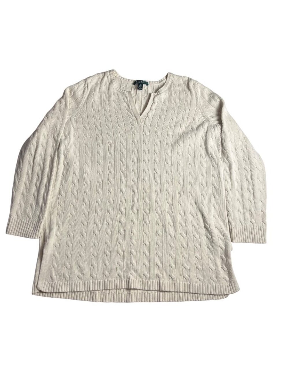 Lauren Ralph Lauren Women's Ivory Cable Knit Cotton Sweater 1X V-Neck 3/4 Sleeve